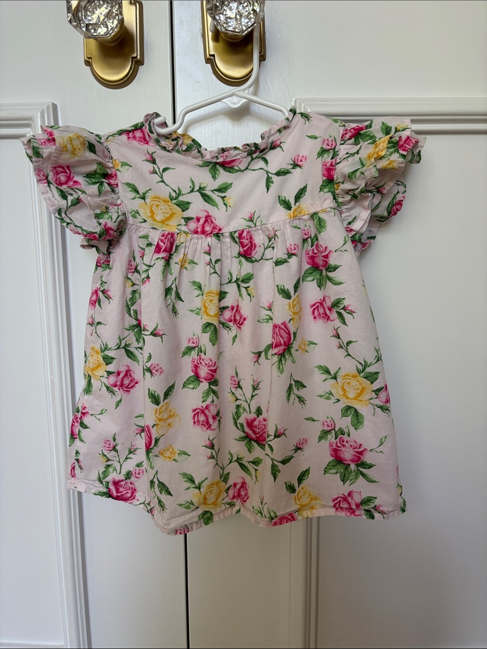 Janie and Jack Pink Floral Flutter Sleeve Blouse with Pink & Yellow Roses